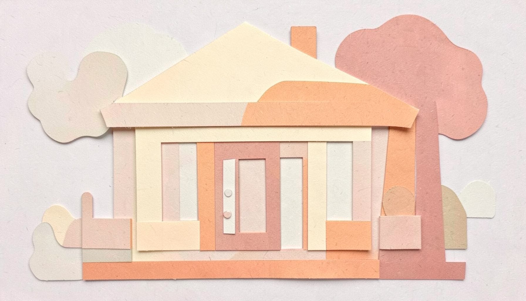 Layered paper cut-out collage in warm cream and peachy beige tones with a muted red accent shape, evoking a calm neighborhood storefront.