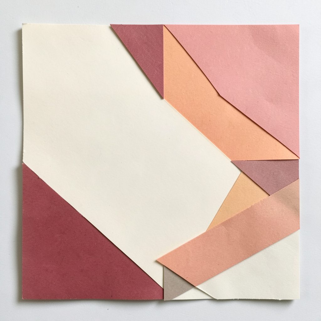 Square paper collage in cream and muted red, geometric.
