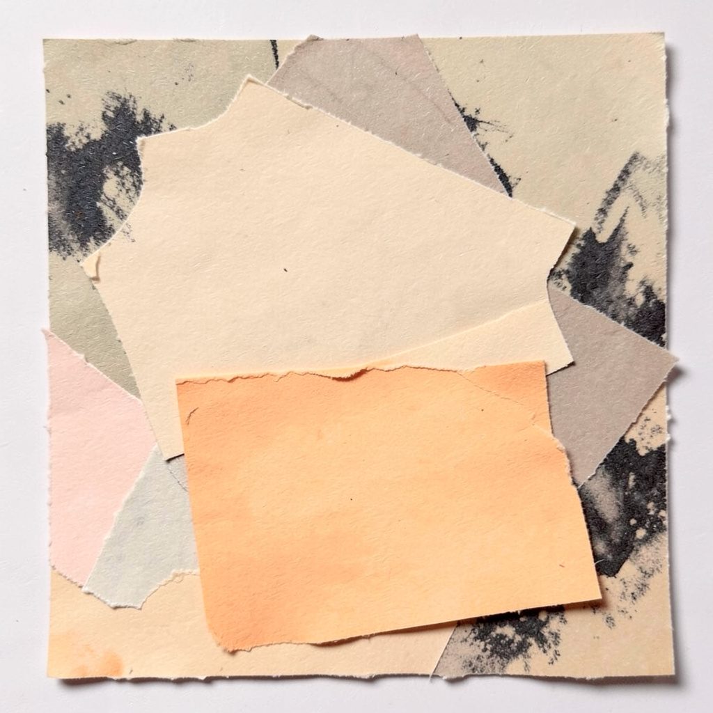 Square paper collage with charcoal accents and warm beige.